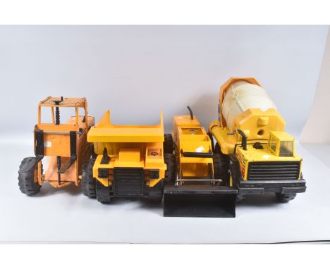 FOUR ITEMS OF MIGHTY TONKA TOYS CONSTRUCTION EQUIPMENT, Forklift Truck, Lorry/Truck mounted Cement Mixer, Dumper Truck and ar