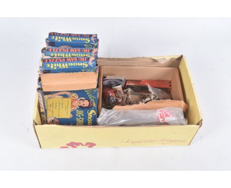 A MIXED SELECTION OF VINTAGE GAMES AND PAINTED METAL FIGURES, to include a Bergman style red cold painted bronze figure of a 