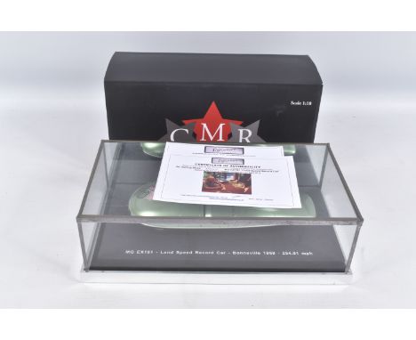 A DISPLAYED CMR 1957 MG LAND SPEED RECORD CAR 1:18 SCALE MODEL VEHICLE SIGNED BY SIR STIRLING MOSS, model numbered CMR004, gr
