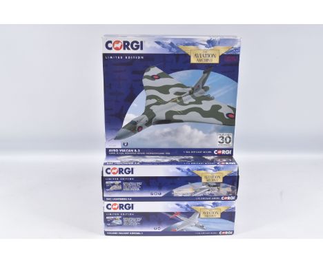 THREE BOXED CORGI AVIATION ARCHIVE 1:72 SCALE MODEL MILITARY AIRCRAFTS, the first an AVRO Vulcan B.2 Wideawake Airbase, numbe