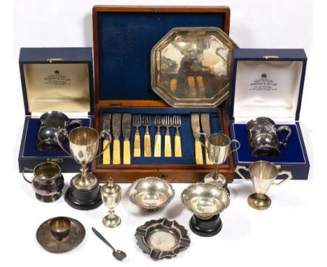 Collection of assorted silver plated ware including two boxed Garrard &amp; Co of London silver plated tankards, miniature tr