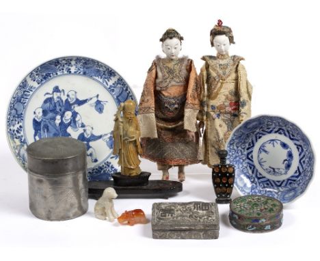 Two Chinese dolls a Swatow pewter cylindrical tea caddy 11cm, a soapstone model Immortal 13cm, two Chinese boxes, a porcelain