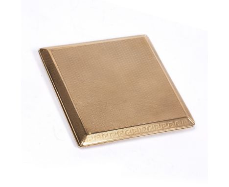 9ct yellow gold square cigarette case  with engine turned decoration, bearing marks for Joseph Walton &amp; Co, London, indis