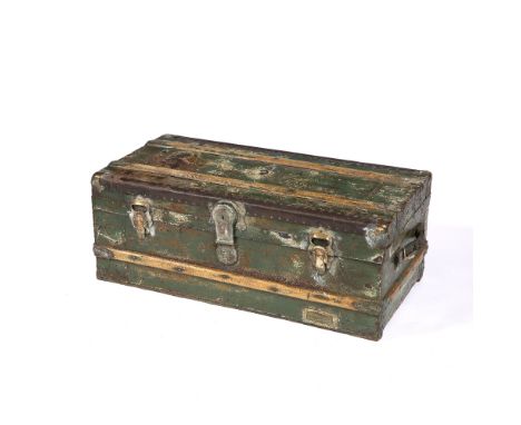 Vintage trunk of metal construction with brass mounts and leather handles, 73cm wide x 36.5cm deep x 28cm high