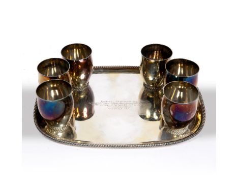 Continental white metal tray with six matching cups or beakers bearing marks for Koch &amp; Bergfeld of Bremen, Kirchweg, 925