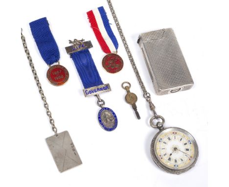 Swiss white metal pocket watch with decorated enamel dial, an, indistinctly marked, possibly silver Dunhill cigarette lighter