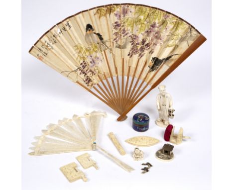 Collection of Canton ivory sewing pieces Japanese okimono, Meiji, 12cm, netsuke, fan and other pieces