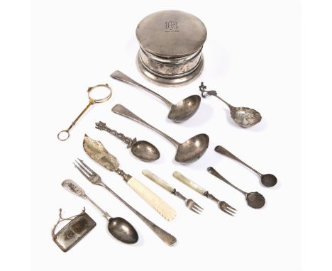 Collection of silver to include a pair of Exeter silver ladles, possibly late 18th Century, caddy spoon, silver circular powd