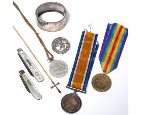Two WWI service medals awarded to J. 55017 W. LANG A. B. R.N, matching hammered tag and  two fruit knives engraved Lang, a si