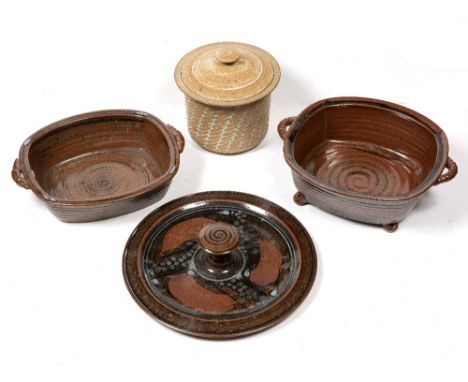 David Lloyd Jones (1928 - 1994) studio pottery serving dish, 38cm across two twin handled dishes and a storage jar 22cm high,