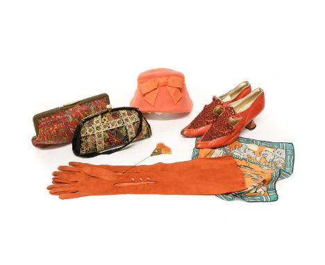 Assorted 19th Century and Later Costume Accessories, comprising a pair of Edwardian Stagg Mantle red leather heeled shoes wit