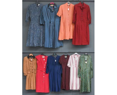 Circa 1940-50s Ladies Day Dresses, comprising a peach Rhona Roy shirt dress with short sleevesa red and black checked dress w