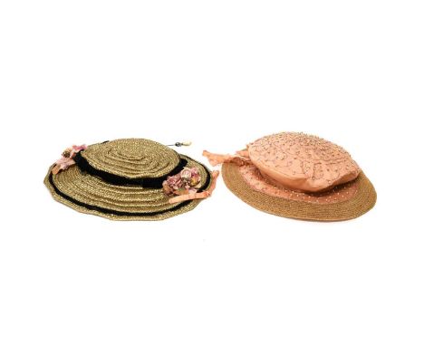 Two French Early 20th Century Hats comprising a Lucile Martin Paris pink silk hat with straw brim, beadwork and embroidery to
