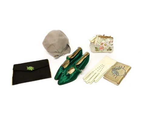 Assorted Early 20th Century and Later Costume Accessories, comprising a pair of emerald green silk heeled shoes with button d