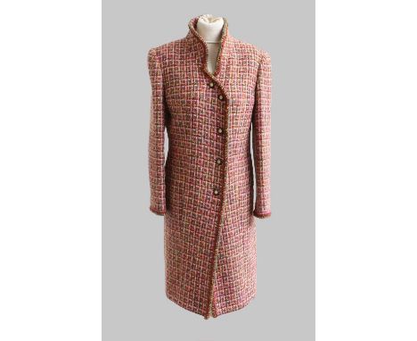 Circa 1990 Chanel Wool Tweed Coat, with nehru type open collar, button fastening, wool trim and green wool edging, side pocke