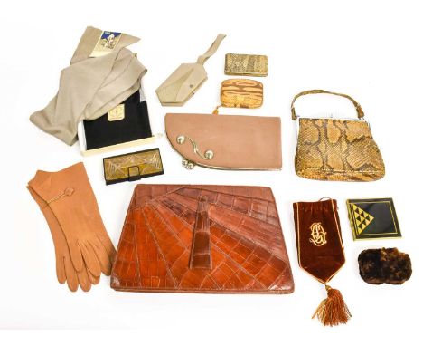 Assorted 20th Century Costume Accessories comprising a brown crocodile leather clutch bag in a sunburst design with strap han