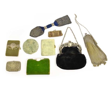 Assorted 20th Century Costume Accessories comprising a Whiting &amp; Davis chain mail mesh baggrey suede hinged purse with me