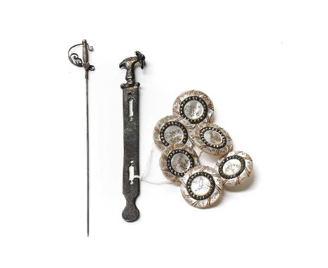 19th Century Silver Bodkin or Ribbon Threader, with two apertures, punched decoration, finial depicting a hand holding some f