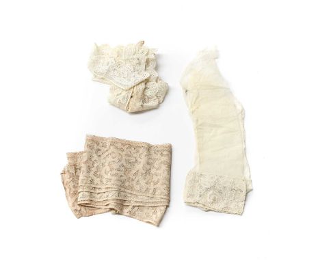 Late 19th Century Italian Bobbin Lace, comprising a pair of white net lower sleeves with lace cuffsthree cut lengths of simil