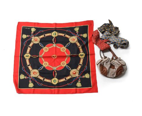 Modern Costume Accessories, comprising a Celine red and black silk scarf three gents silk ties by Gucci, Yves Saint Laurent a