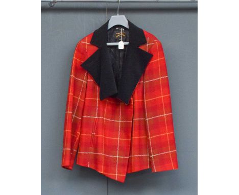 Vivienne Westwood Anglomania Red Wool Checked Jacket with black velvet reverse to the collar, stylish button detail to the fr