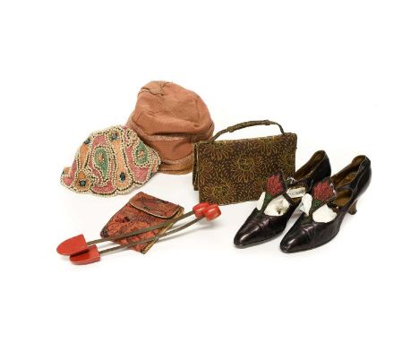 Assorted Early 20th Century and Later Accessories, comprising a dusky pink Grubé fabric and net cloche hatLS Ayres &amp; Co m