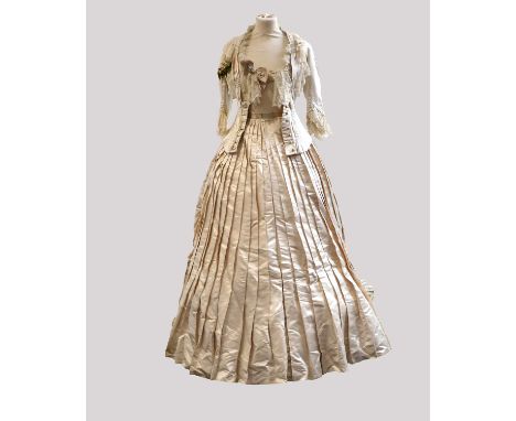 19th Century Cream Silk Wedding Outfit, comprising a fitted bodice with pleat and gathered details, lace mounts to the cuffs 