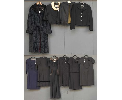 Circa 1950s and Later Occasion Dresses and Coats, comprising a Schüza Kleid black textured shift dress with corsage (size 44)