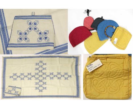 Decorative 20th Century Hand Quilted Items and Embroidered Linen, comprising a yellow silk hand quilted bag depicting lovers 