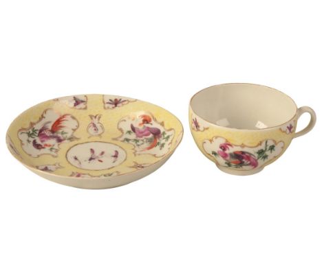 A WORCESTER PORCELAIN TEA CUP AND SAUCER circa 1768-70, with scale yellow ground and panels painted with "dishevelled birds a