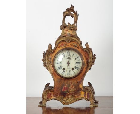 A FRENCH VERNIS MARTIN AND ORMOLU MOUNTED MANTLE CLOCKlate 19th century, the two train movement striking on a gong, the ename