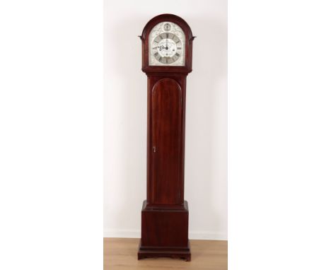 A MAHOGANY 'GRANDMOTHER' CLOCK RETAILED BY HARRODS20th century, the three train movement striking on a gong, the engraved sil
