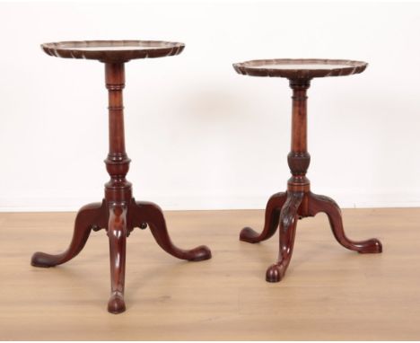 TWO SIMILAR MAHOGANY WINE TABLES19th/20th century, the taller with a pie crust top on a baluster turned stem, to tripod base 