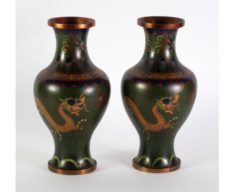 PAIR OF CHINESE CLOISONNE VASES, each of oviform with waisted neck, decorated with five toed dragons and floral borders, set 