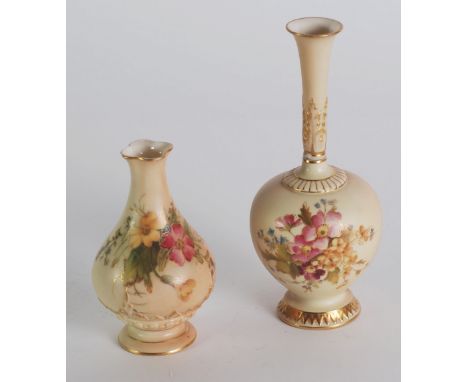 TWO EARLY TWENTIETH CENTURY ROYAL WORCESTER BLUSH CHINA VASES, painted with flowers, one of footed ovoid form with tall slend