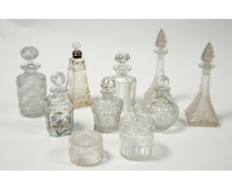 COLLECTION OF NINE NINETEENTH CENTURY AND LATER CUT GLASS TOILET BOTTLES/SCENT BOTTLES, Comprising; a pair of square SCENT BO