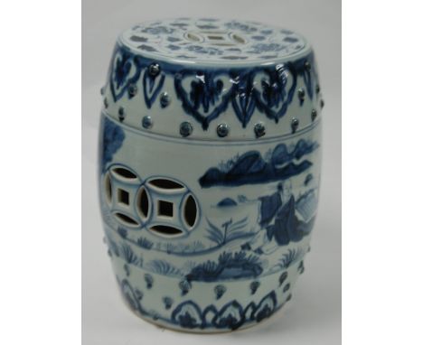 MODERN CHINESE BLUE AND WHITE PORCELAIN GARDEN SEAT, of barrel form, painted with scenes depicting figures at leisure in fenc