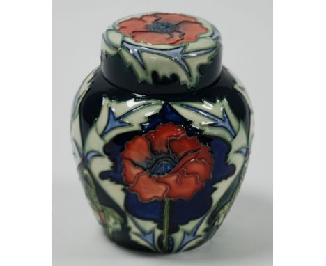 SECOND QUALITY MODERN MOORCROFT WILLIAM MORRIS 'POPPY PATTERN' TUBE LINED POTTERY GINGER JAR AND COVER, of typical form, deco