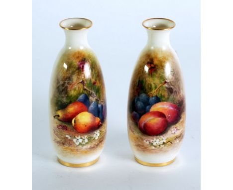 PAIR OF EARLY TWENTIETH CENTURY ROYAL WORCESTER HAND PAINTED CHINA VASES, by Ricketts, of slender ovoid form with short waist