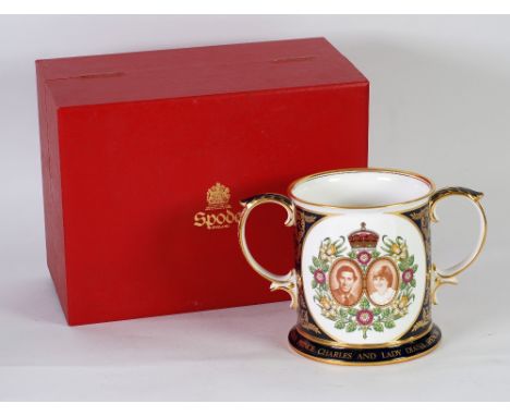 IMPRESSIVE SPODE 'CHARLES AND DIANA' LIMITED EDITION ROYAL COMMEMORATIVE TWO HANDLED CHINA LOVING CUP, typical form, colour p