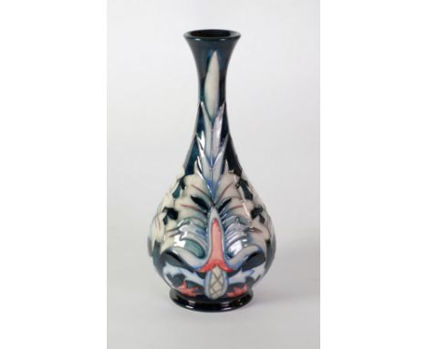 MODERN MOORCROFT 'SNAKEHEAD PATTERN' TUBE LINED POTTERY VASE, of footed, baluster form with tall waisted neck, decorated in t