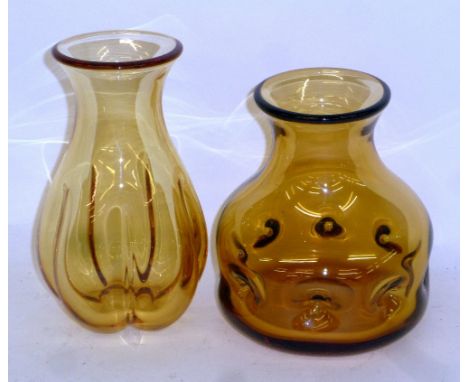 TWO 1980'S WHITEFRIARS MOULDED 'GOLD' COLOURED GLASS VASES, Comprising; a squat EXAMPLE, in pattern No. 9865, 5 3/4" (14.6cm)