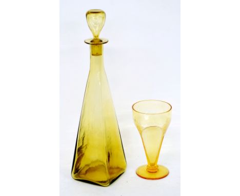 1930'S WHITEFRIARS 'GOVETTE' PATTERN AMBER GLASS DECANTER AND STOPPER, 15" (38.1cm) high  AND A MATCHING DRINKING GLASS, 6 1/