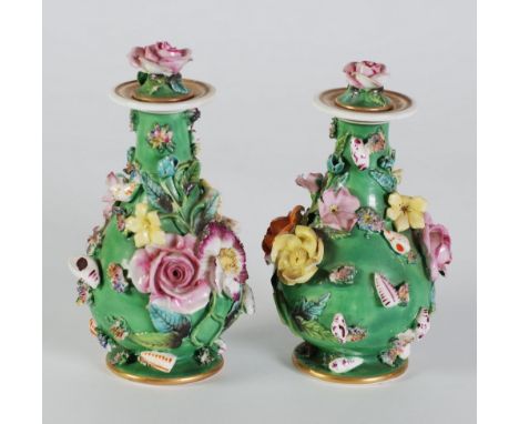 PAIR OF MID NINETEENTH CENTURY COPELAND AND GARRETT FLORAL ENCRUSTED PORCELAIN VASES AND COVERS, each of footed baluster form