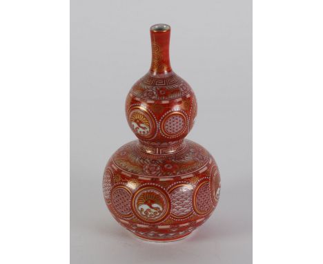 MODERN JAPANESE KUTANI PORCELAIN VASE, of double gourd form with slender, waisted neck,  painted with bands of gilt lined, ov