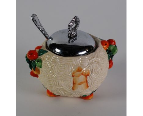 CLARICE CLIFF FOR NEWPORT POTTERY 'CELTIC HARVEST' PATTERN MOULDED POTTERY PRESERVE JAR with EP cover and a spoon, of orbicul