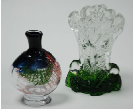 TWO PIECES OF ARTIST SIGNED FINNISH ART GLASS, comprising; a 1960's clear and green moulded VASE, by Pertti Santalahti for Hu