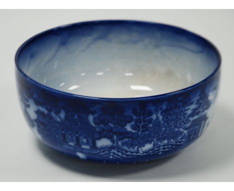 DOULTON BURSLEM WILLOW PATTERN BLUE AND WHITE POTTERY FRUIT BOWL, of steep sided, footed form, 4" (10.2cm) high, 9" (22.9cm) 
