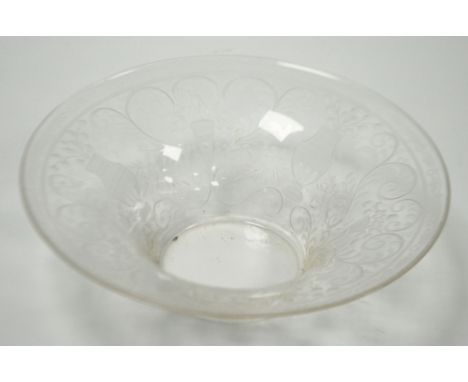 NINETEENTH CENTURY ENGRAVED GLASS BOWL, of flared form, wheel cut with an intricate design of vases and foliate scrollwork, 3