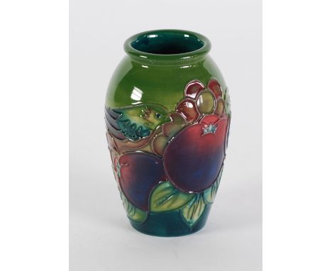 MODERN MOORCROFT 'FINCHES' PATTERN TUBE LINED POTTERY VASE, of ovoid form with lipped rim, decorated in tones of purple, red,